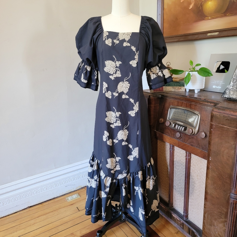 Vintage 80s Hawaiian Tropical Puff Sleeve Tiki Retro Prom Party Dress 12 XL